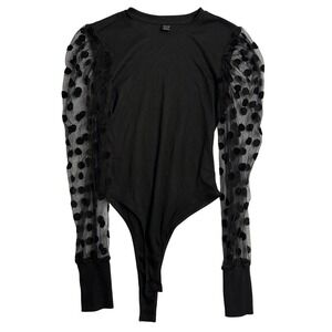 Shein Black Bodysuit Top Polka Dot Mesh Puff Long Sleeves Ribbed Womens‎ Medium